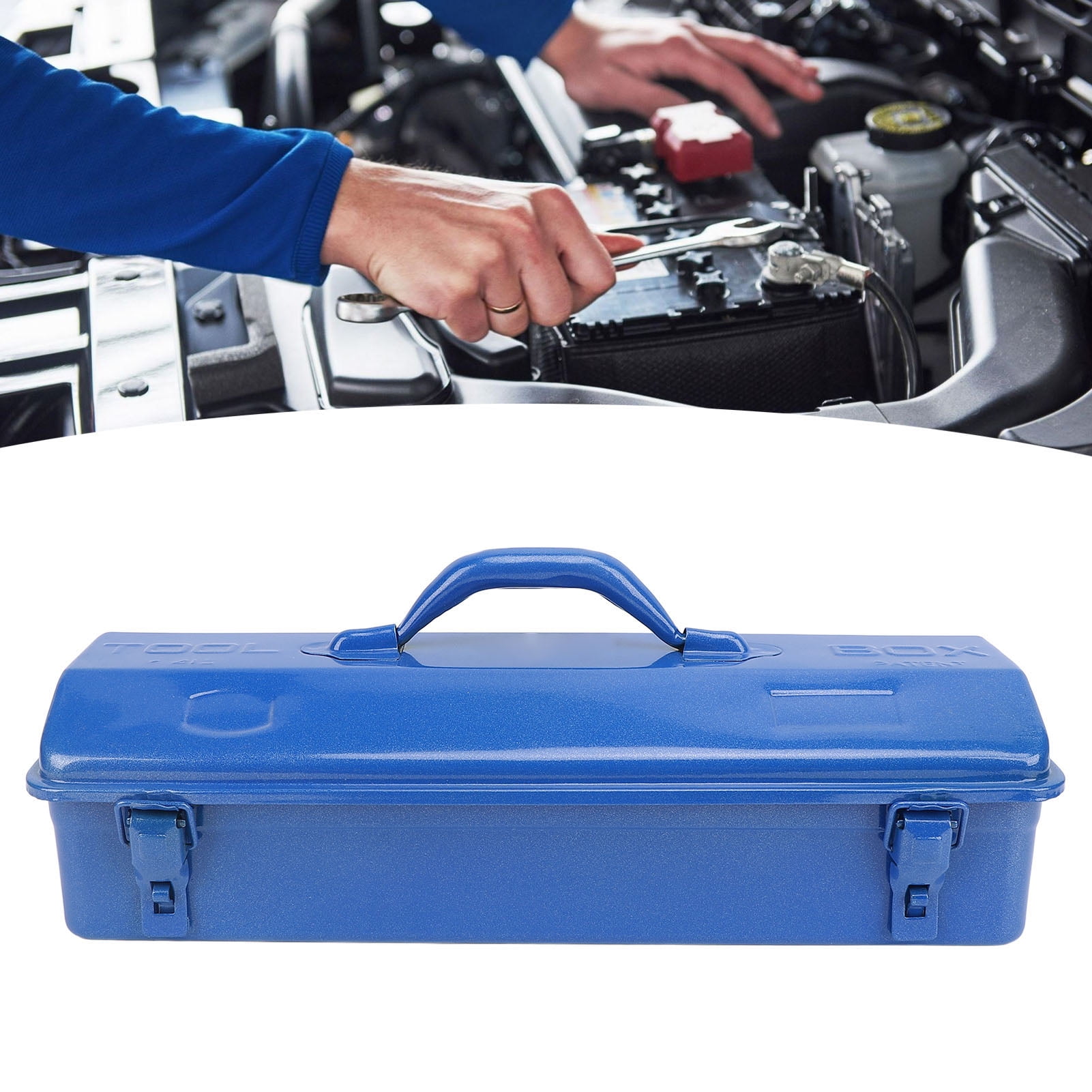 Blue Metal Toolbox Heavy Duty Portable Tool Storage Organizer For Workshop Garage Job Site Sturdy High Load Bearing Compact Easy Carry Chest Box