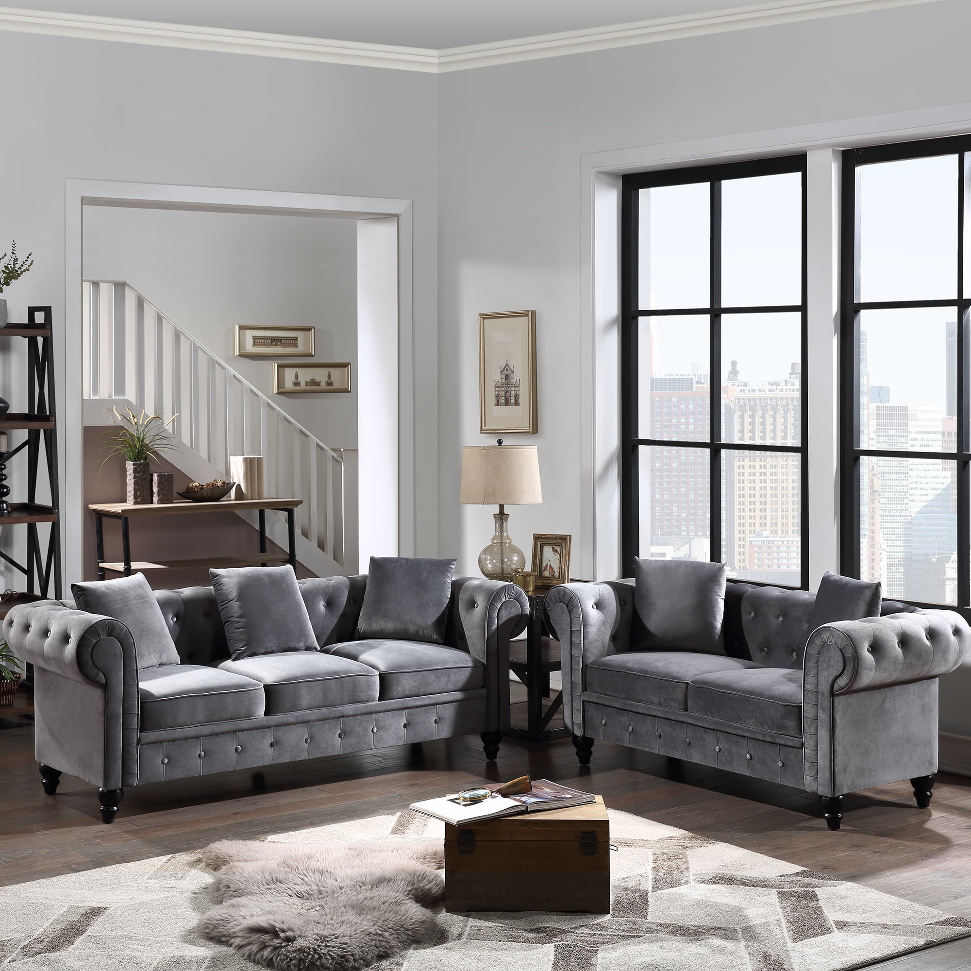 Kepooman 2 Pieces Velvet Upholstered Chesterfield Loveseat & 3 Seat Sofa with 5 Pillows, Gray