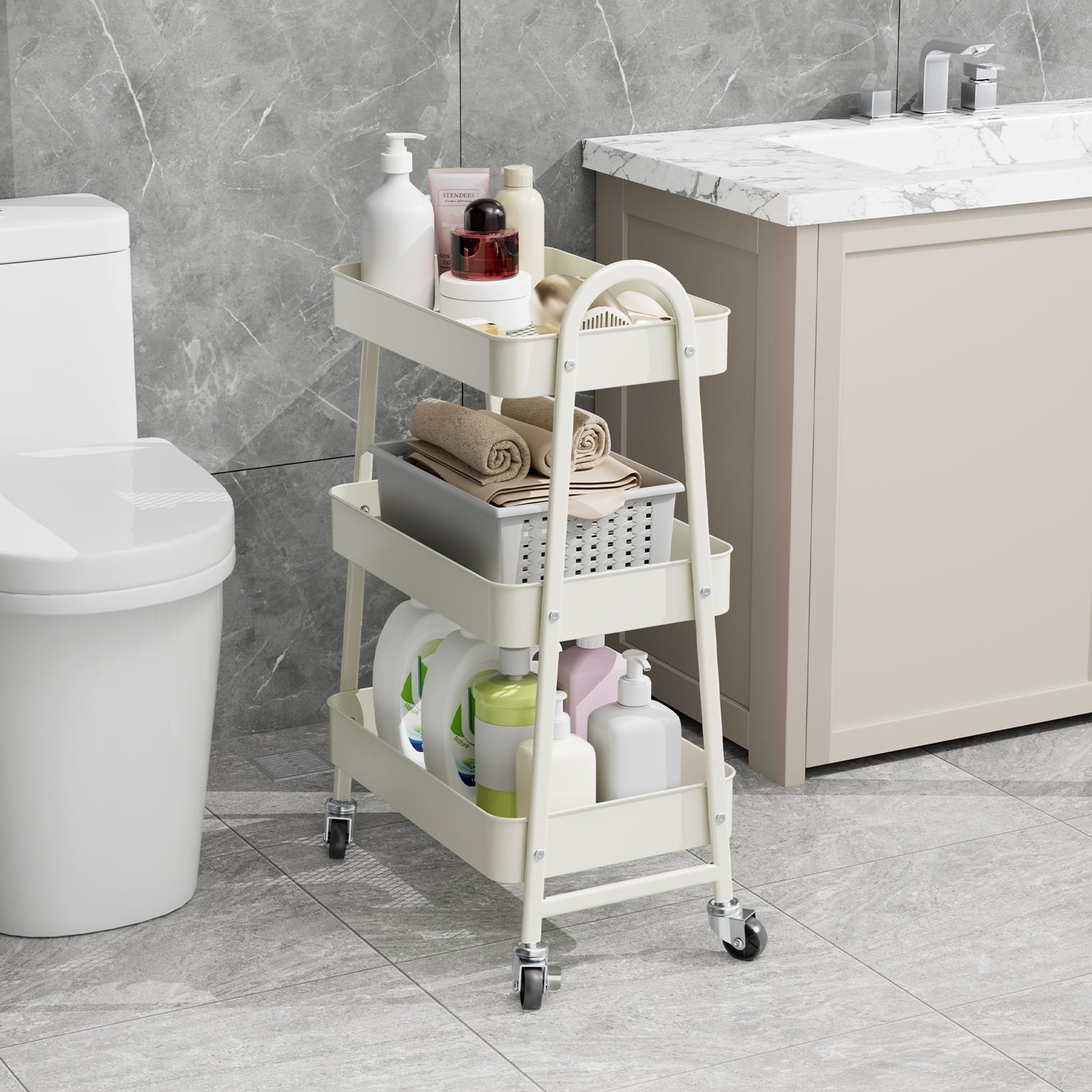 GIANNA 3 Tier Rolling Cart Organizer, Plastic Rolling Cart with Lockable Wheels & Reinforced Handle, Lightweight Utility Cart Storage Cart for Nursery, Kitchen, Bathroom, Craft Room