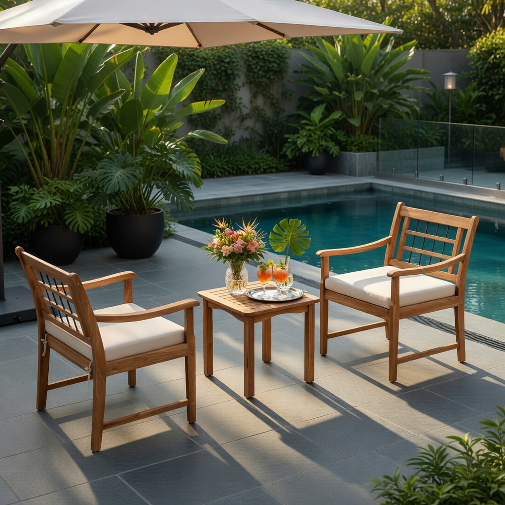 Hommoo 3-Piece Acacia Wood Patio Furniture Set, Outdoor Chair Set with Ergonomic Slatted Design & Matching Coffee Table for Backyard, Poolside, Balcony, White