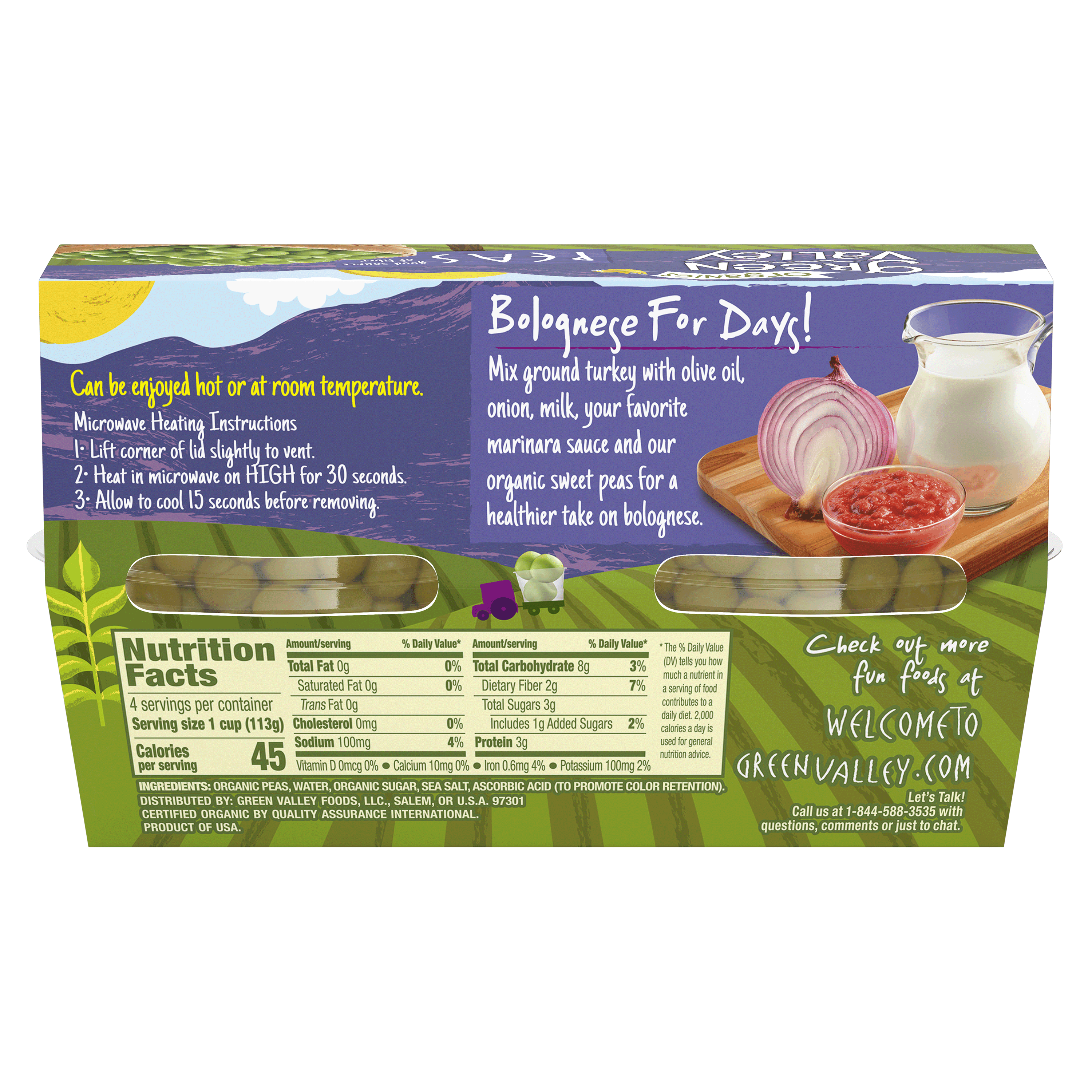 (6 pack) Green Valley Organic Peas, 4 oz, 4 Cups
