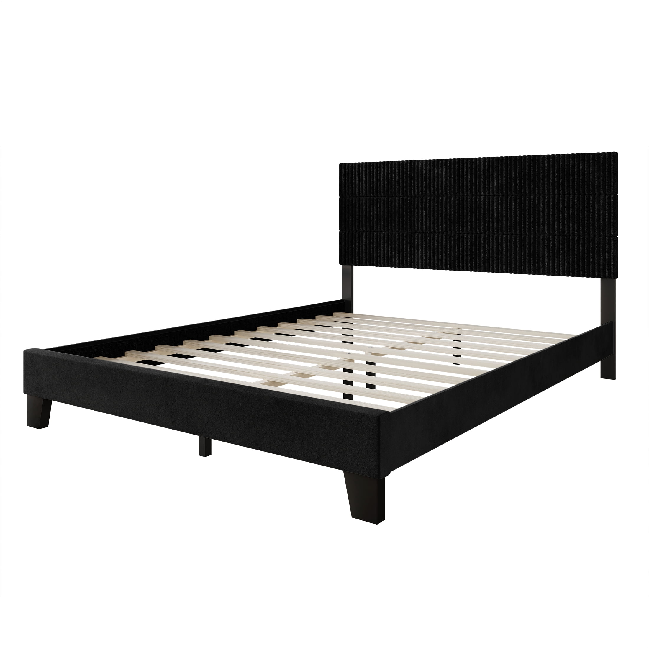 Castle Place Contemporary Corduroy Pleated Velvet Upholstered Queen Platform Bed, Black