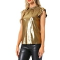 thumbnail image 4 of INSPIRE CHIC Women's Top Metallic Cap Sleeve Ruffled Neck Holographic Shiny Sparkle Party Blouse Tee Shirt XS Gold, 4 of 6