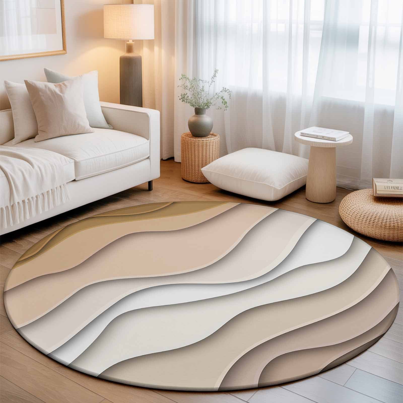 Washable Round Area Rug Beige Brown Gradient Wave Ripple Circle Rugs Floor Carpet for Living Room Bedroom Modern Geometric Abstract Art Soft Non Slip Round Rug 3ft