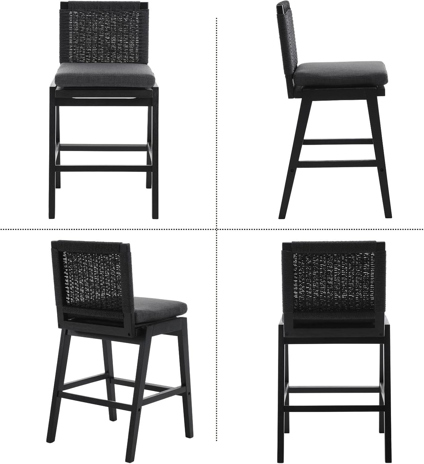 Guyou Woven Counter Height Bar Stools Set of 2, 29" Natural Wood Bar stools with Seagrass Back for Kitchen Island, Farmhouse & Coastal, Charcoal