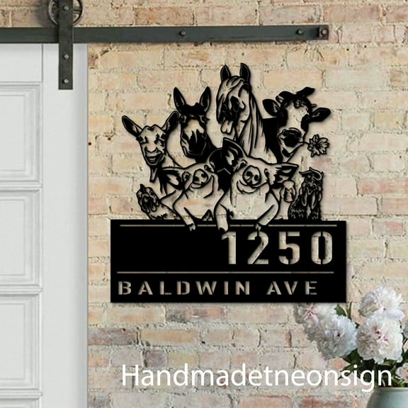 Handmadetneonsign Farm Animals House Number, Farming Home Address Metal, Farm House Address Sign 64561