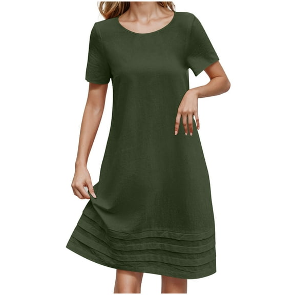 Wyobmus Womens Cotton Linen Dresses Summer Short Sleeved A Line Dress Round Neck Pleated Dress Hem Midi Dress Olive Green