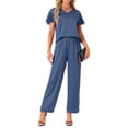 thumbnail image 2 of INSPIRE CHIC Women's Silky Satin Pajama Set 2 Piece Ruffle Short Sleeve Top and Long Pants Sleepwear Loungewear Sets M Blue, 2 of 5