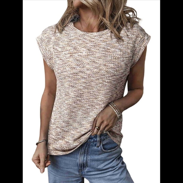 Blusas de Verano para Mujer, Informales, de Cuello Redondo, de Punto Gofre, con Mangas , Blusas Holgadas. Albaricoque L