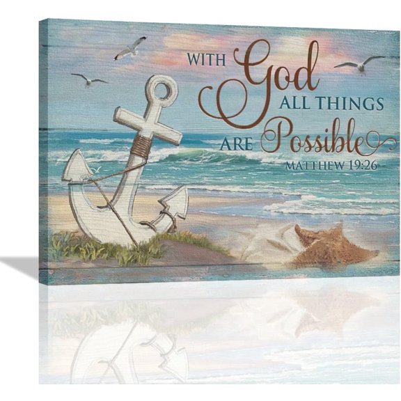 Nautical Anchor Wall Art Coastal Decor Beach Painting Bible Scripture Motivational Quotes Pictures Canvas Prints Christian Gifts Artwork for Home Office Dining Room Living Room Bathroom 16"x12"