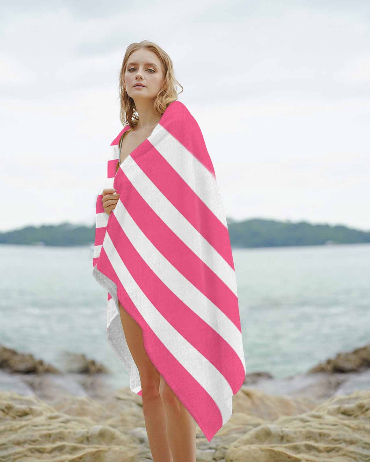 Pink Striped Beach Towels Oversized Super Absorbent, Modern Simple Monochrome Geometric White Lightweight Bath Towel Quick Dry Sets For Bathroom/Pool/Rv Camping/Beach Play/Gym Room/Picnic 23"x47"