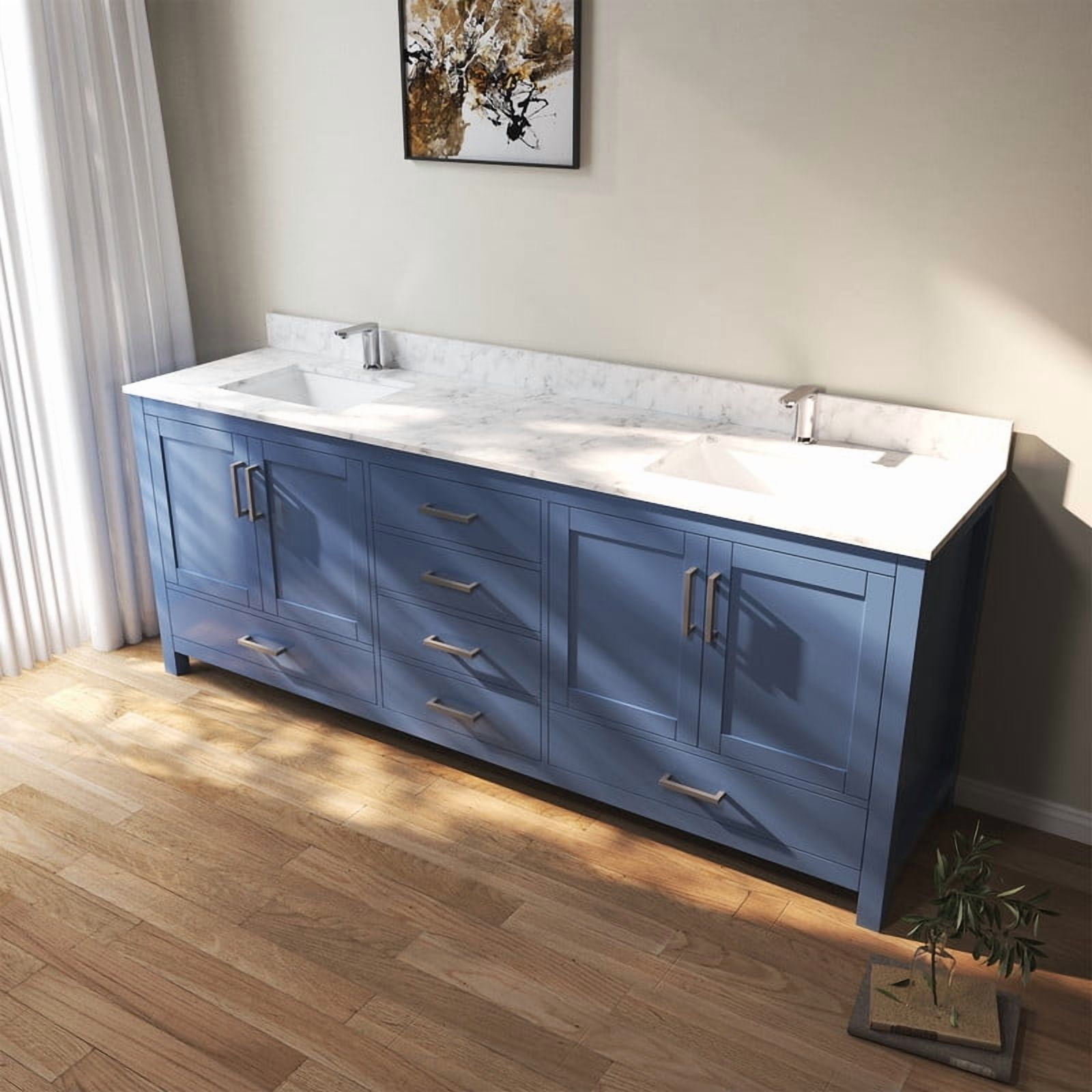 MEDUNJESS 84" Modern Bathroom Vanity with Double Basins Sink, Free Standing Vanity Cabinet with Faucet Hole(Blue)