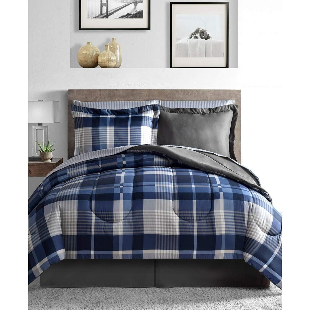 Gray & Navy Blue Plaid Stripes Reversible Boys Teen Twin Comforter Set