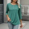 thumbnail image 3 of FAIWAD Womens Tops Casual 3/4 Length Sleeve Crew Neck Button T-Shirts Solid Color Loose Work Daily Blouses, 3 of 9