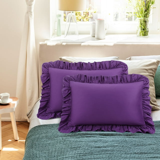 PiccoCasa 2 Pcs 100% Cotton Ruffled Pillowcases Soft with Envelope Grape Queen