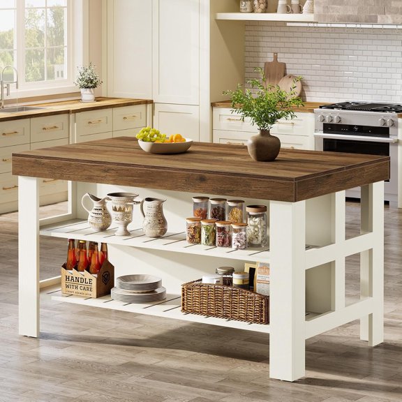 Tribesigns Farmhouse Kitchen Island with Storage for Home Kitchen Dining Room (White and Brown)