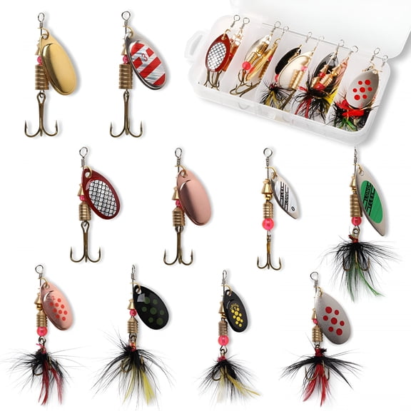 BESTSKY 10pcs Fishing Lure Spinnerbait, Bass Trout Salmon Hard Metal Spinner Baits Kit with Tackle Boxes