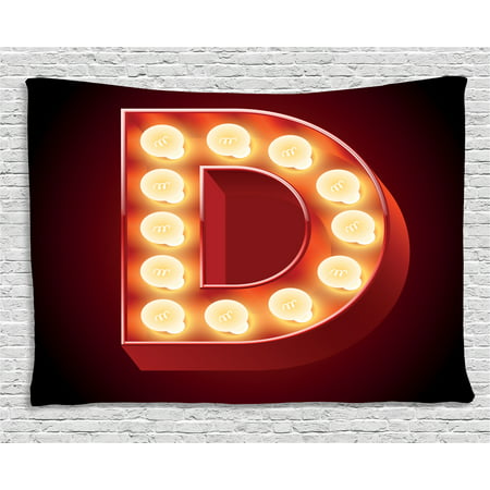 Letter D Tapestry, Stylized D with Electricity Theme Old Fashioned Cinema Theater Show, Wall Hanging for Bedroom Living Room Dorm Decor, 60W X 40L Inches, Vermilion Yellow Black, by