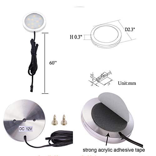 6000K Daylight White AIBOO 12V LED Under Cabinet Lights Kit 6 Pack Black Cord Aluminum Puck Lamps for Kitchen Counter Closet Lighting with Manual on/Off Switch 12W 6 Lights