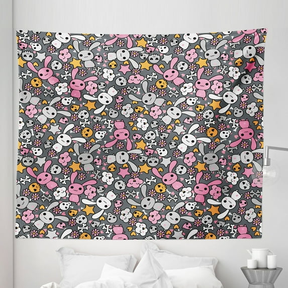 Cartoon Tapestry, Kawaii Bunnies and Clouds Heart Eyed Skulls Japanese Anime Design Print, Fabric Wall Hanging Decor for Bedroom Living Room Dorm, 5 Sizes, Multicolor, by Ambesonne