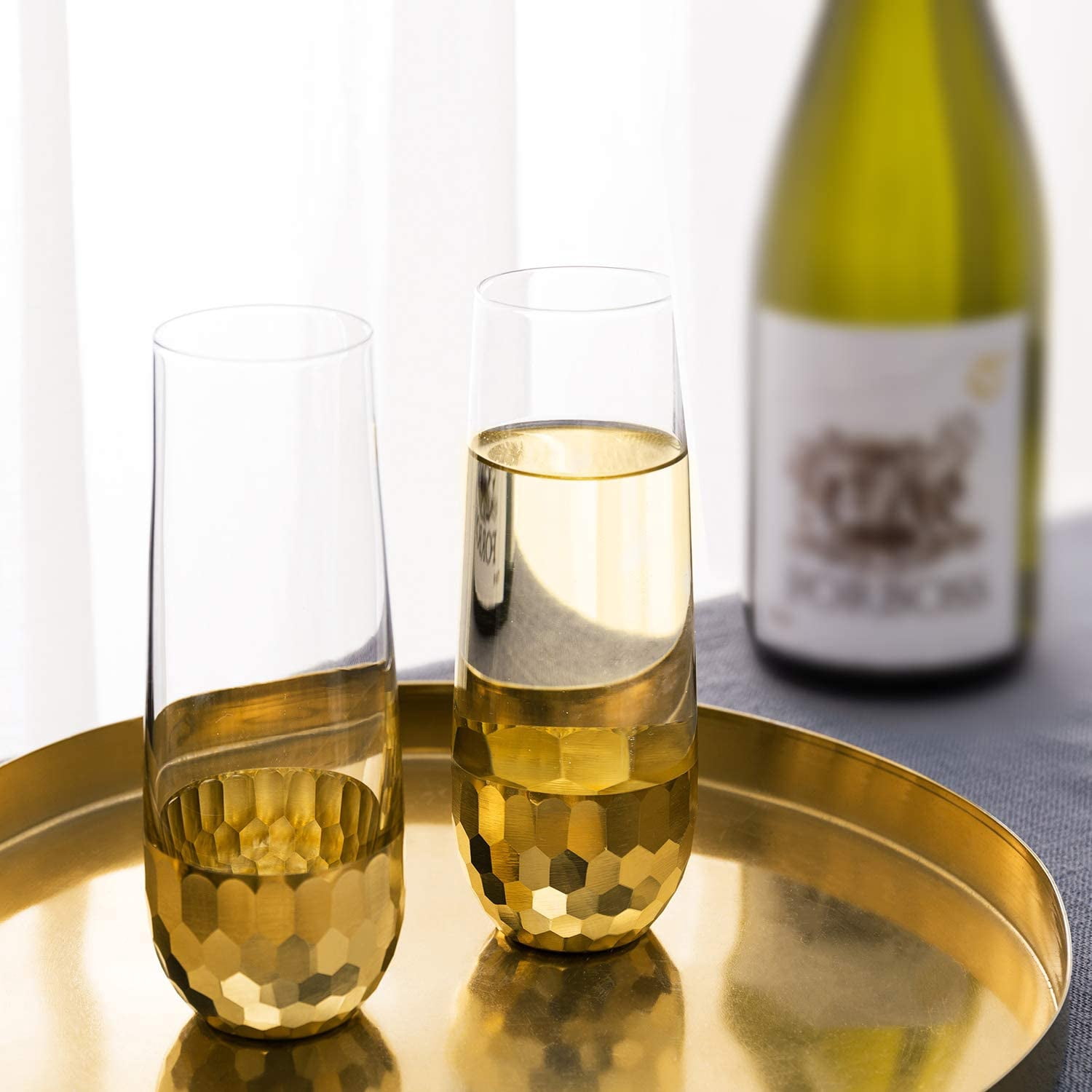 MyGift Clear Stemless Champagne Flute Glasses with Hammered Brass Plated Bottoms, Set of 4