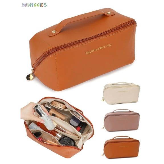 BadPiggies Travel Cosmetic Bag, Large Capacity Portable PU Leather Makeup Bag, Waterproof Toiletry Bag with Handle and Divider for Women (Brown)