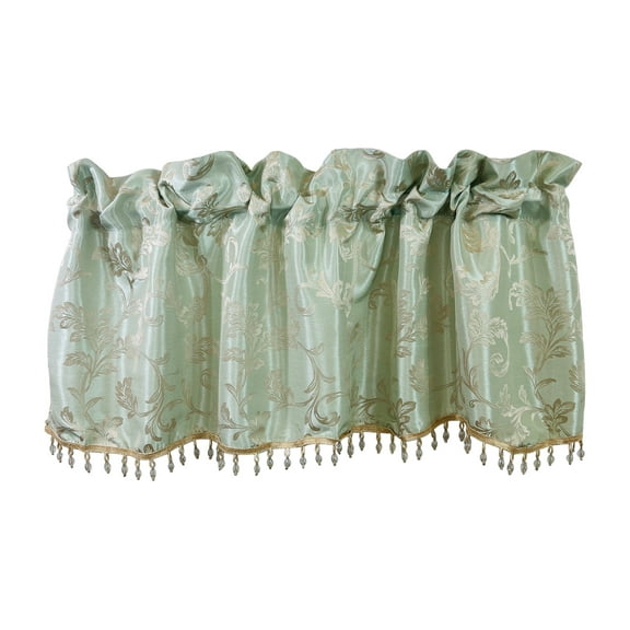 Serafina Home Leaf Scroll Scalloped Window Valance w/ Crystal Beads Aqua
