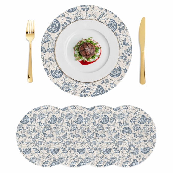 Vintage Floral Round 15 Inch Placemats Set of 4, Summer Retro Flowers Farmhouse HeatResistant Non Slip Place Mats for Dining Table, Wipeable Braided Kitchen Table Mats for Housewarming
