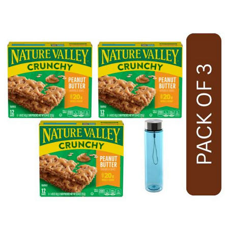 Pack Of 3 Nature Valley Crunchy, Peanut Butter, 12 Granola Bars, 8.94 oz (6CT) With Blue Water Bottle By Value Nest