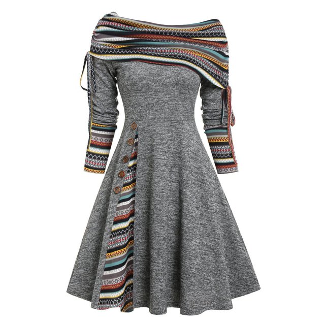 Gibobby Vestidos de sueter elegantes Vestido con botones de estampado de Color sólido con hombros descubiertos y manga larga de otoño e invierno para mujer(Gris,CH)