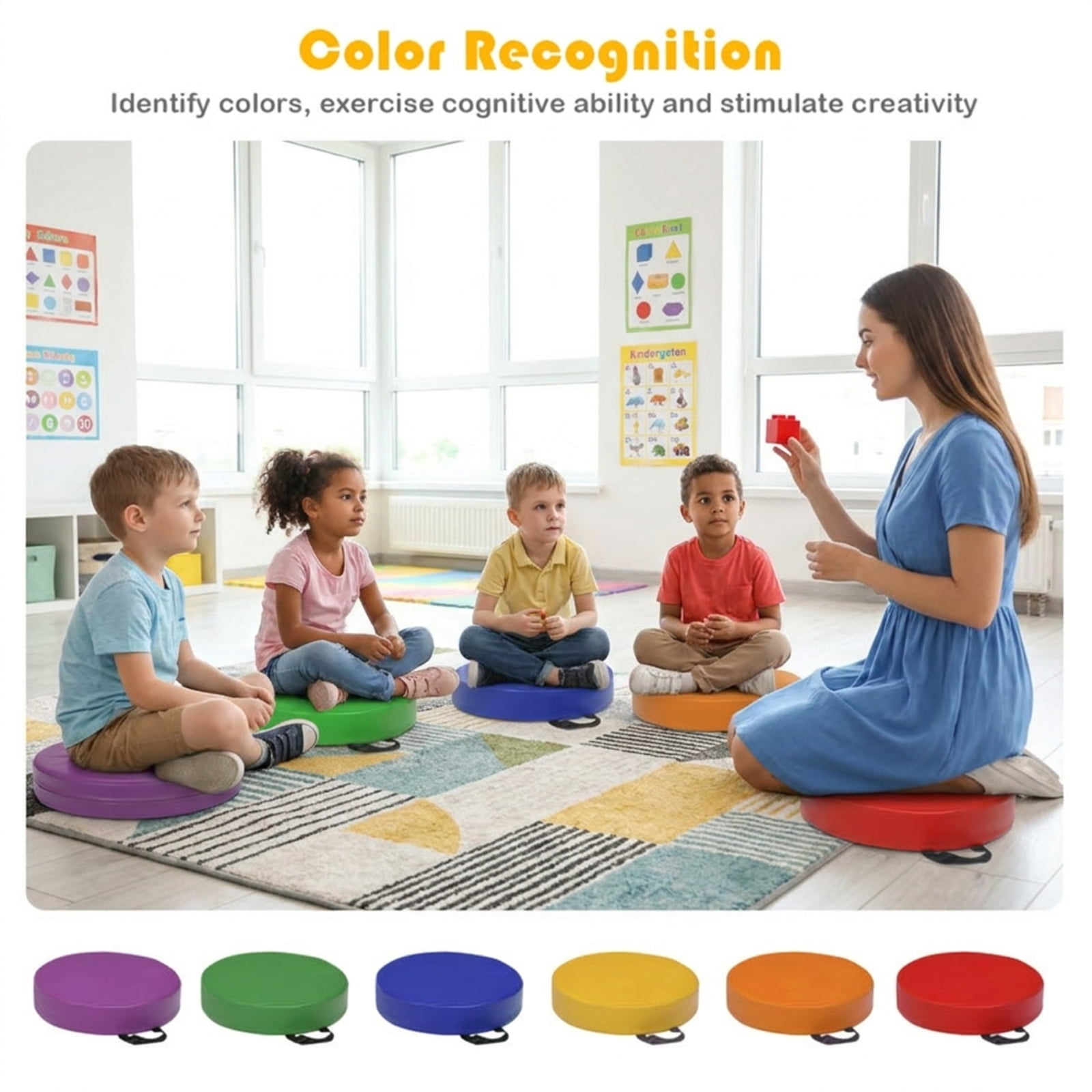 Furnibear 6 Pieces 15 Inch Round Toddler Floor Cushions Soft Foam Seating Set for Kids Playroom Nursery Reading Nook and Living Room, Multicolor