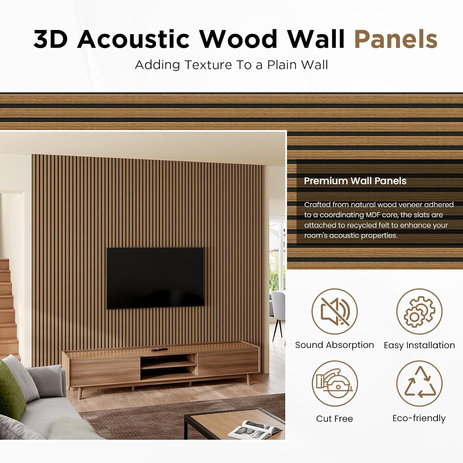 Easy4Home 6Pcs Wood Soundproof Wall Panels 94" x 7.9" Wood Slat Acoustic Panels,Classic Oak