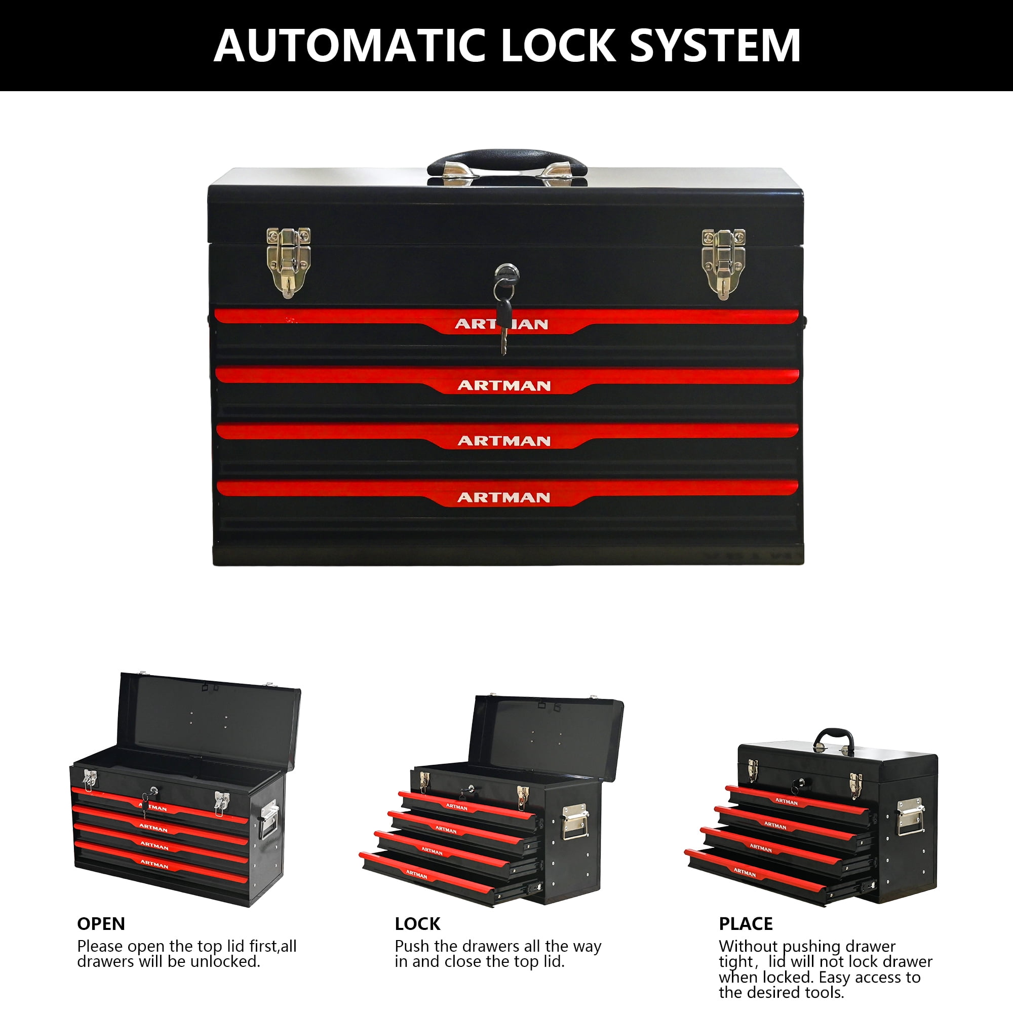 20" Steel Tool Box with Drawers, Lockable Powder-coated Storage