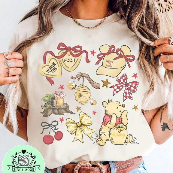 Retro Coquette Bows Winnie The Pooh T-Shirt, Cute Pooh Bear Shirt, Disneyworld Shirt, Disney Family Trip Shirt, S-5Xl Shirt