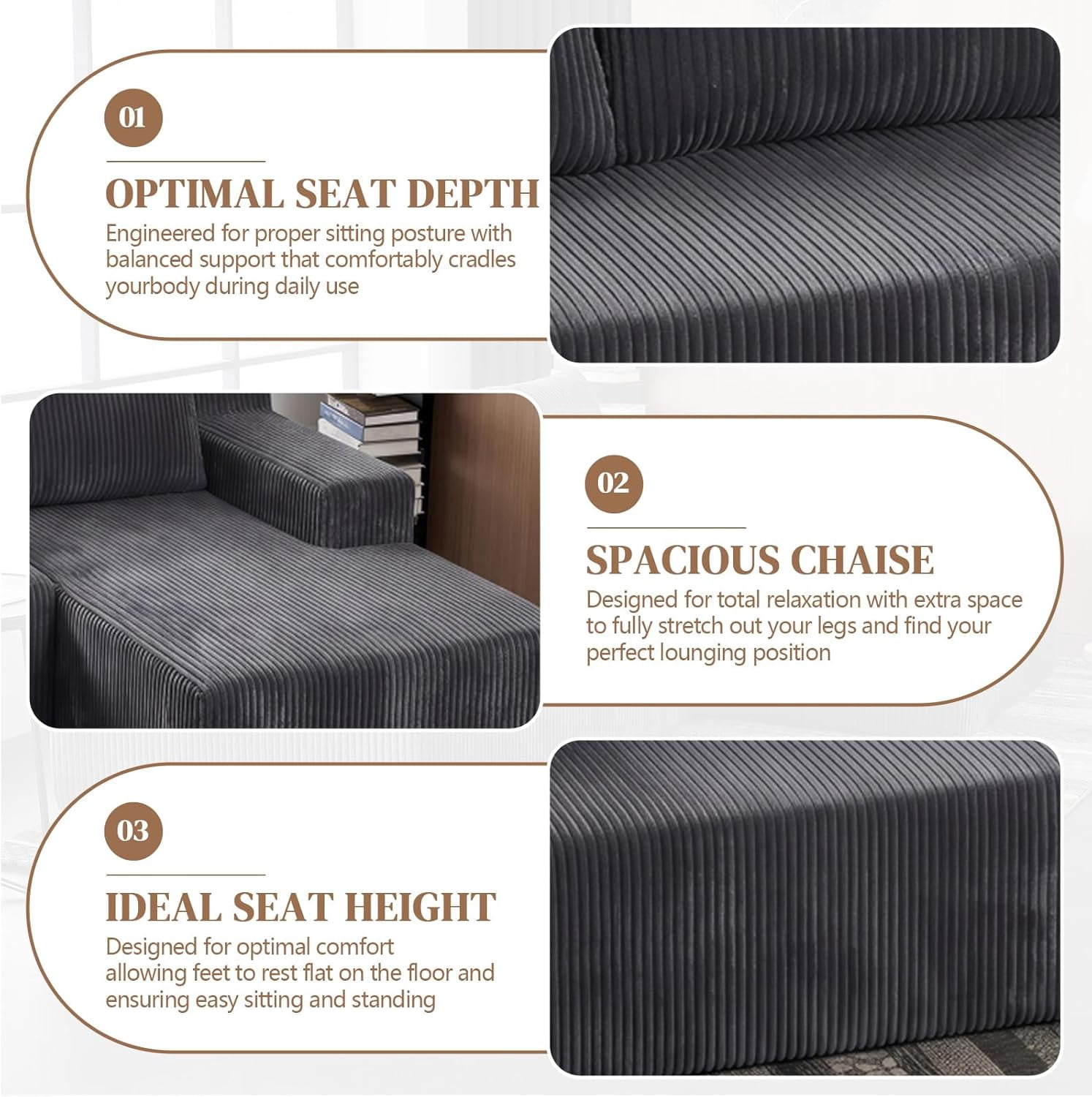 96.5" Corduroy Modular L Shaped Sectional Sofa for Living Room Bedroom, No Assembly, Grey