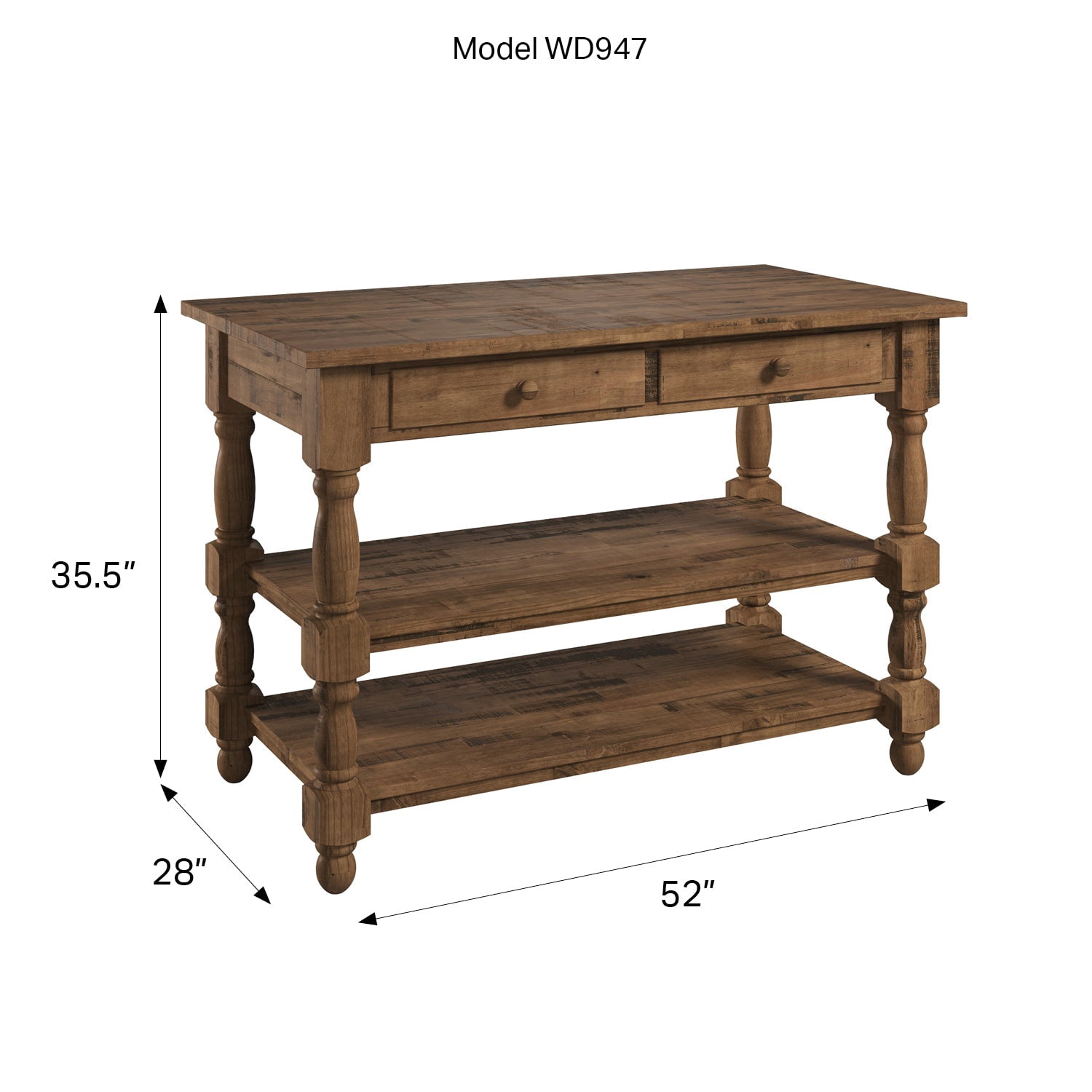 OSHOME 52" Farmhouse Kitchen Island with Drawers and Shelves – Solid Wood Kitchen Prep Table, Harvest Brown with Distressed Brown Top