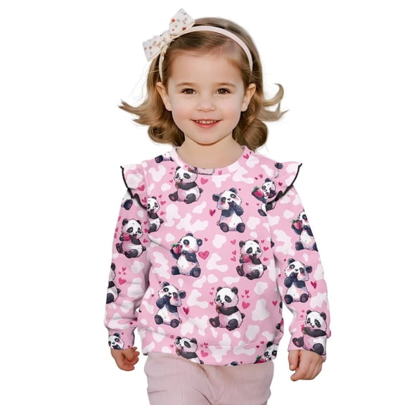 Yuyamidu Panda Sweatshirt for Toddler Girls 1T 2T Pink Ruffle Shoulder Long Sleeve Top Y2K Graphic Crewneck Sweatshirt Pullovers Soft Lightweight Everyday Clothes for Fall Winter