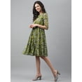 thumbnail image 5 of Janasya Olive Green Chiffon Lurex Floral Printed Keyhole Neck Half Sleeve Flared Midi Dress, 5 of 8