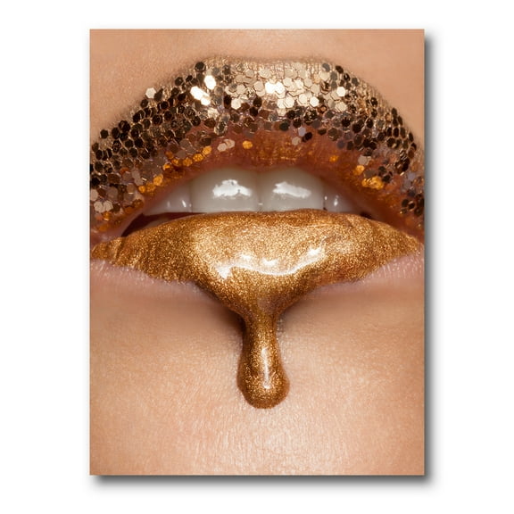 Designart ' Close-Up Of Woman Make-Up Of Gold Liquid Lips ' Modern Canvas Wall Art Print