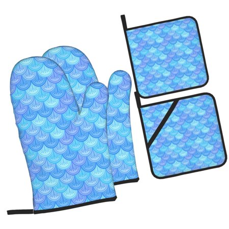 Blue Fish Pattern Oven Mitts and Pot Holders Sets Baking Sets for Kitchen BBQ Gloves Heat Resistant Cooking Texture Simplicity 4 Pieces