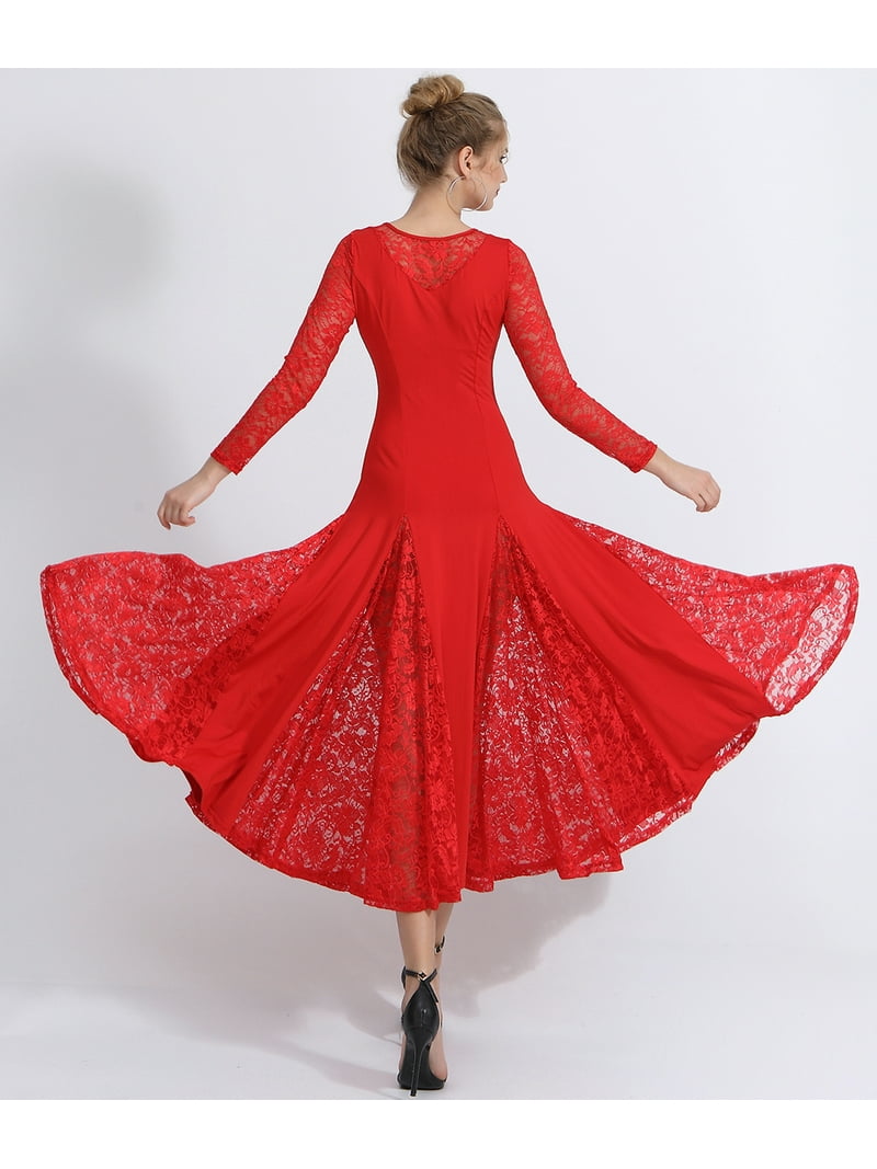 fitted lace wedding dress Women Long Sleeve Professional Slit Solid Color Latin Dance Dress  Performance Dancewear – DANCEYM main image 0