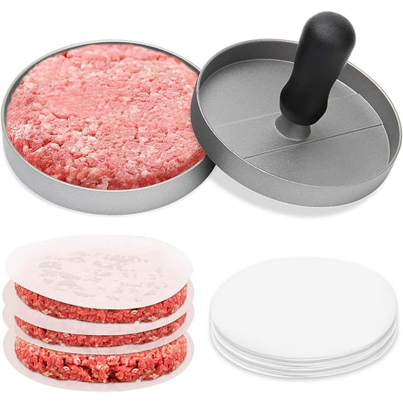 Hamburger Press Patty Maker Set Non-Stick Meat Patty Presser Handle Patty Burger Maker Mold with 100 Wax Patty Paper Sheets for Home & Kitchen