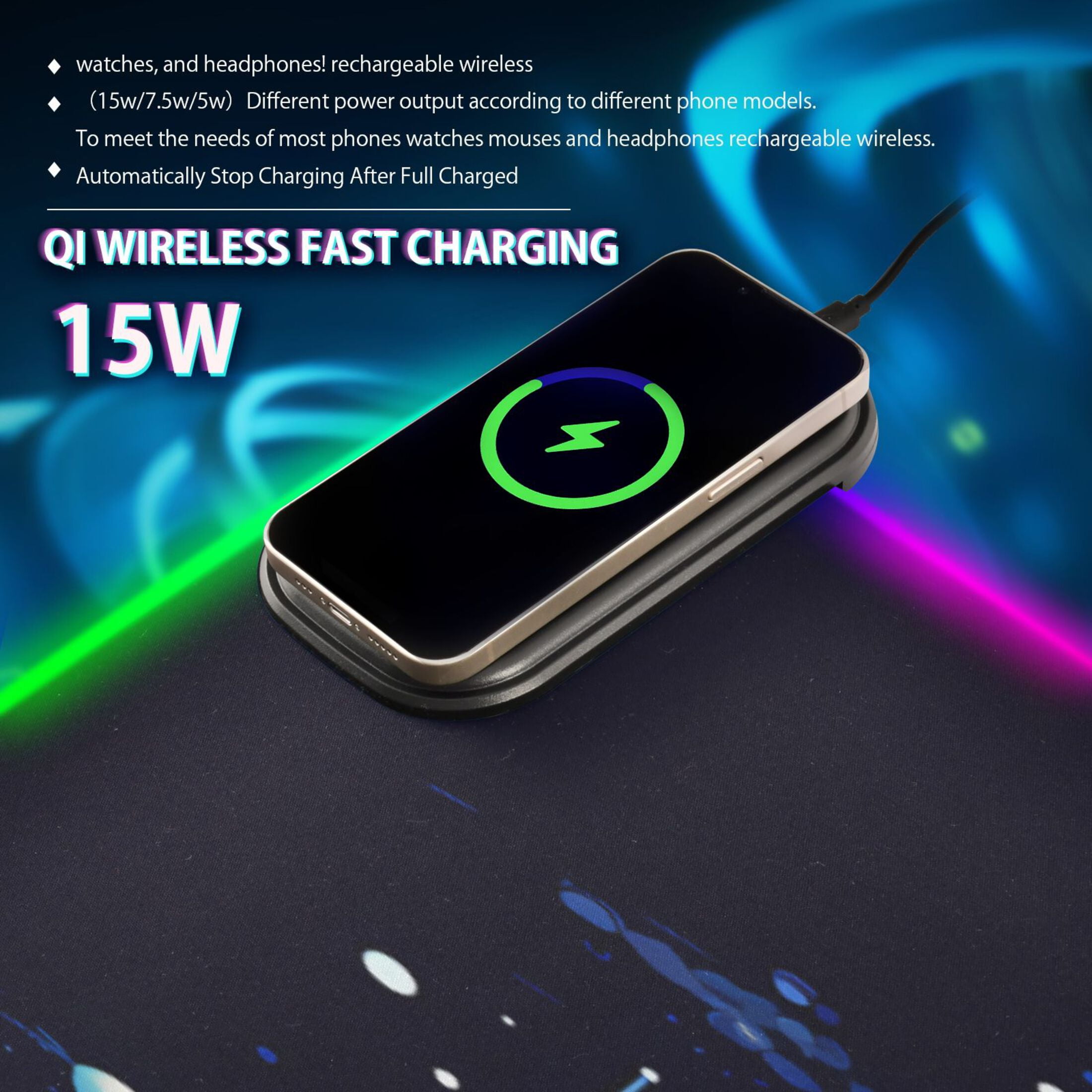Wireless Charging Mouse Pad Large RGB Gaming Desk Mat 13 Light Modes Mousepad 35.4x15.7 Sun and Planet