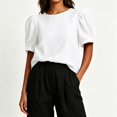 thumbnail image 6 of HongQid Women's Blouse Puff Short Sleeve Tops Crinkle Woven Round Neck Lightweight Shirt Loose Summer Casual Trendy Clothes, 6 of 7