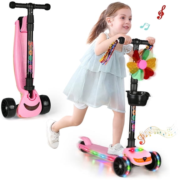 Hot Bee Pink Scooter for Kids 3-5, LED Light-up Wheels&Deck, Folding Kick Scooter for Girls in Adjustable Height w/ Music, Birthday Holiday Gift Outdoor Toys for Girls 6-12