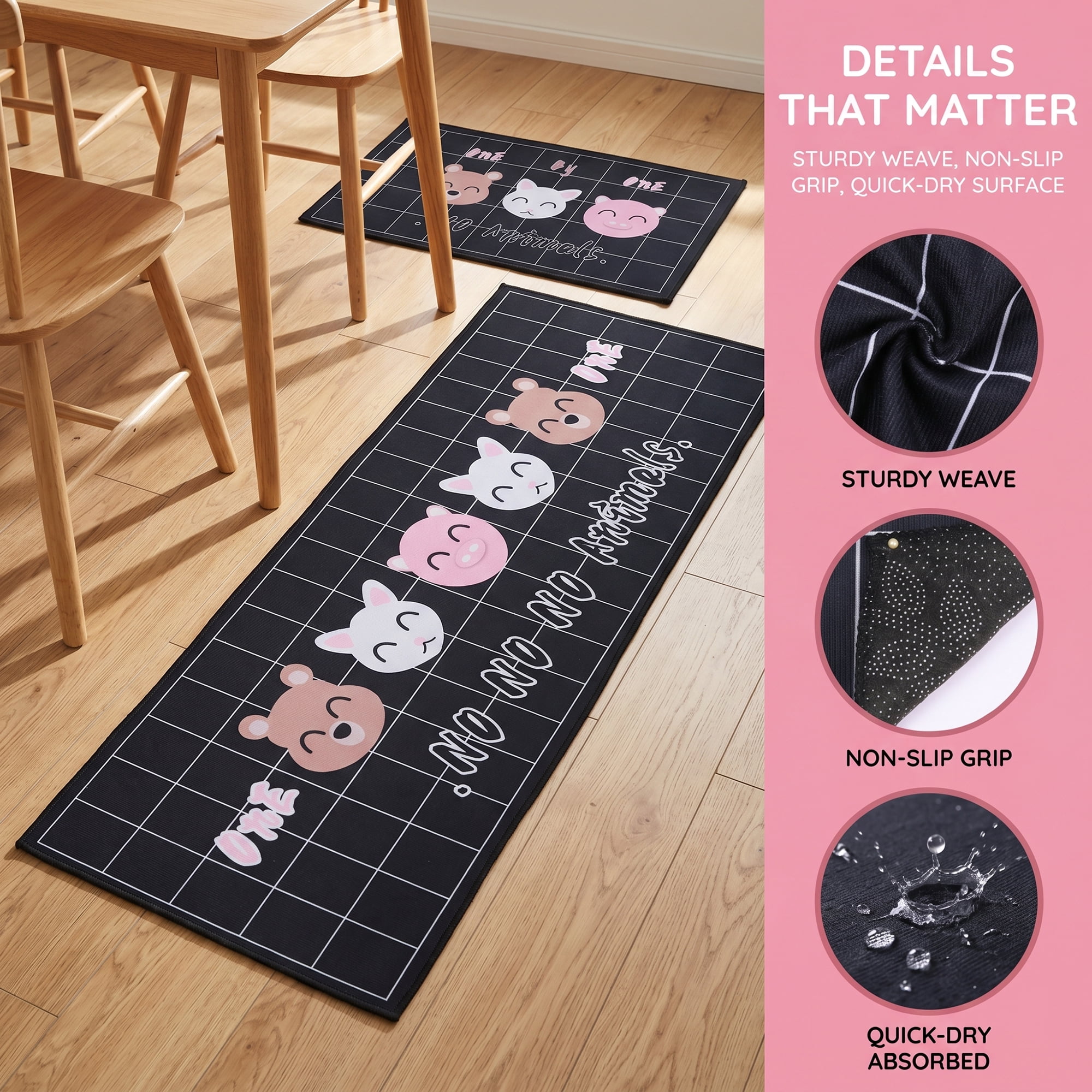 Unique Bargains Non Slip Animal Floral Printed Kitchen Rugs and Mats Black 24"x16"+47"x16"