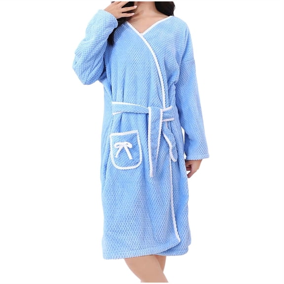 WRKEKC Bathrobe for Women Diamond Plush V-Neck Contrast Trim Bow Decor Dual Side Pockets Self Tie Knee Length Absorbent Shower Wrap Robe