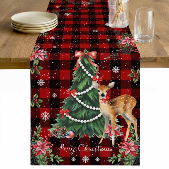 Christmas Deer Table Runner 72 Inches Long Farmhouse Dress Scarves, Winter Xmas Snowflakes Bow Tree Red Black Dining Tablerunner for Coffee Table/Kitchen Island/Party Décor, 13" x 72"