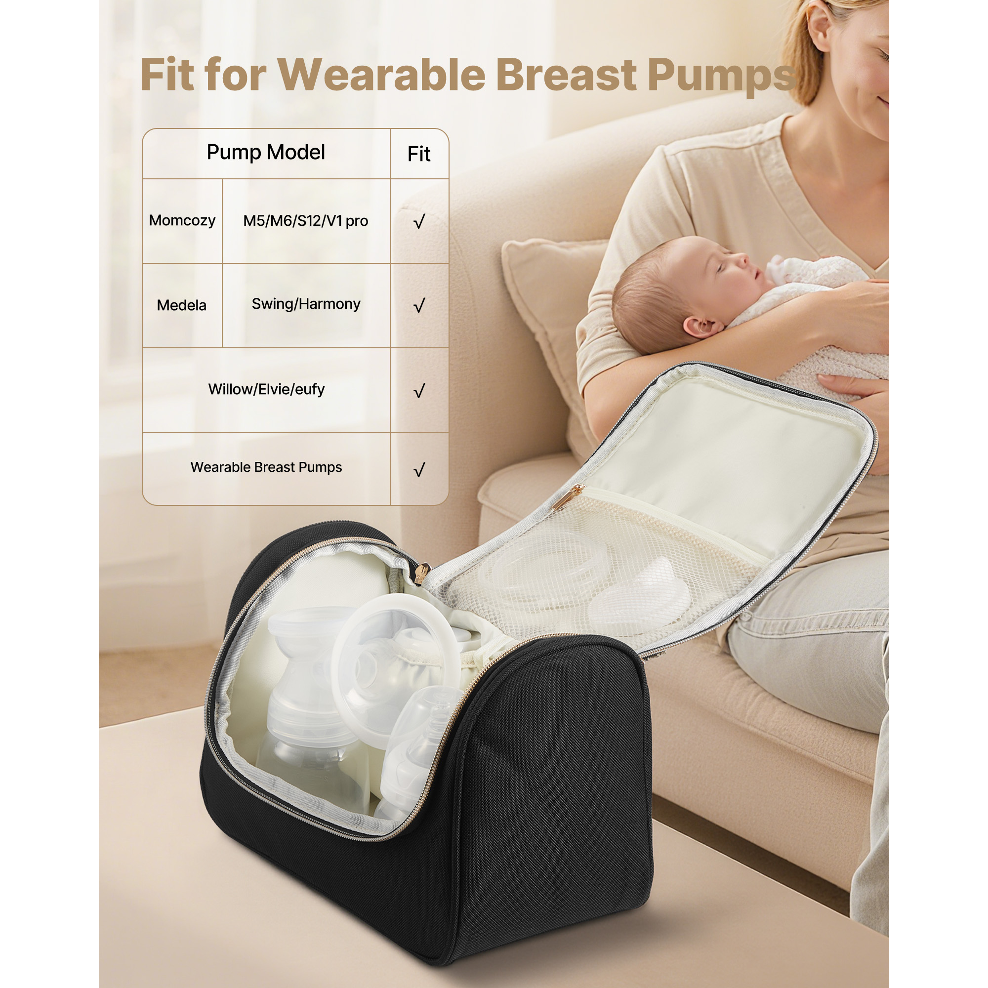 KFFKFF Wearable Breast Pump Bag with Waterproof Mat, Compatible with M5/M6 Models, Ideal for Pumping Accessories and Milk Storage, Compact Carrying Case for Work, Travel, and Daily Use, Black