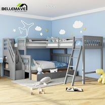 BELLEMAVE L-Shaped Bunk Beds Twin over Full Size, Triple Bunk Bed with Storage Stairs, Ladder and Drawers, 3 Bed Bunk Beds(Gray)